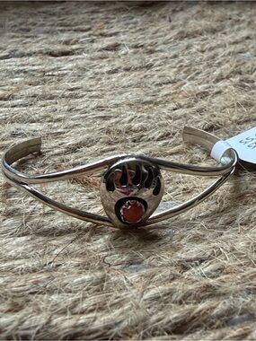 Sterling Silver Esther White Navajo Bear Paw baby Cuff Bracelet Red coral Stone